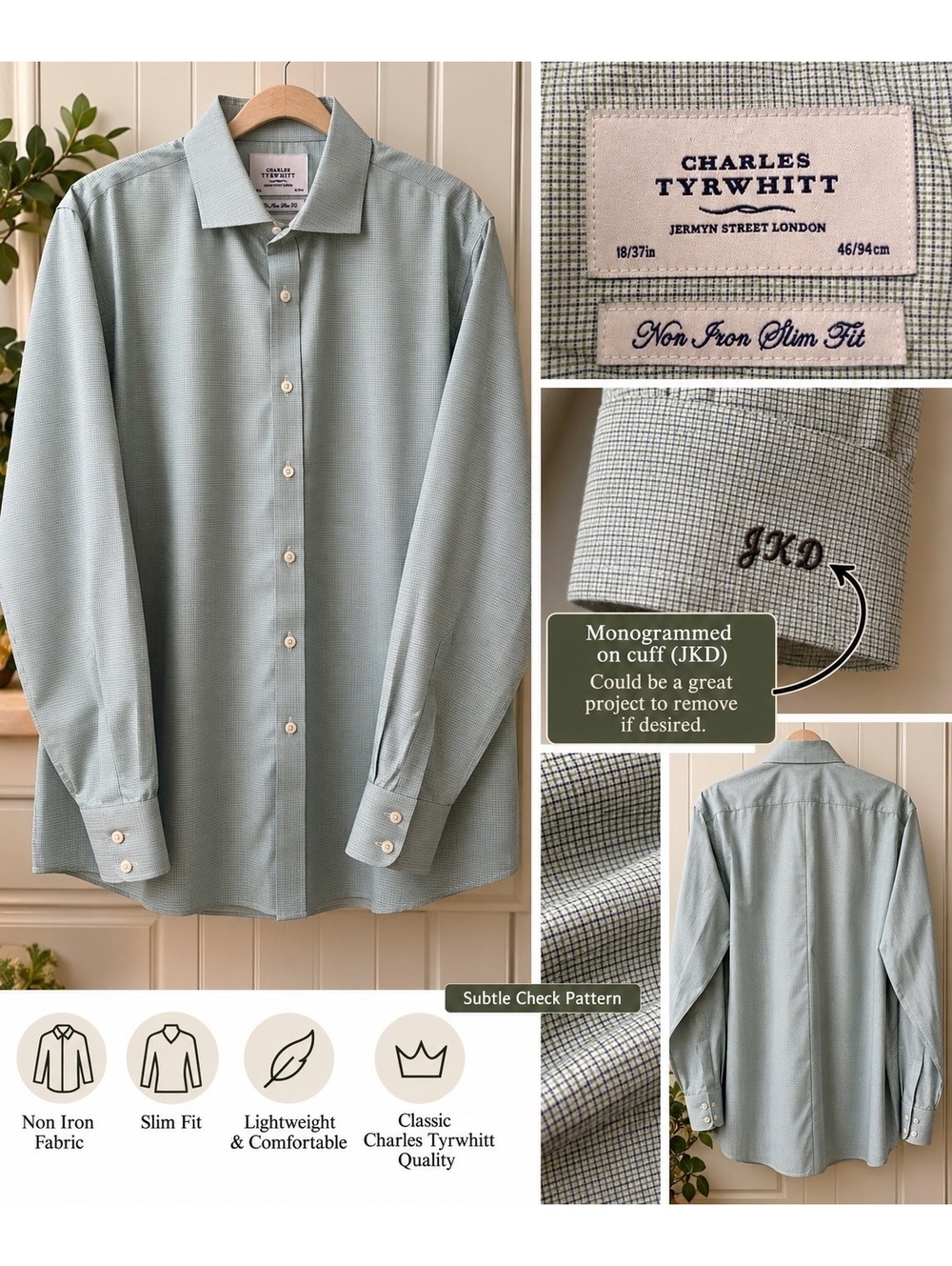 Charles Tyrwhitt Non-Iron Slim Fit Dress Shirt | Men’s 18/37 | Micro Check